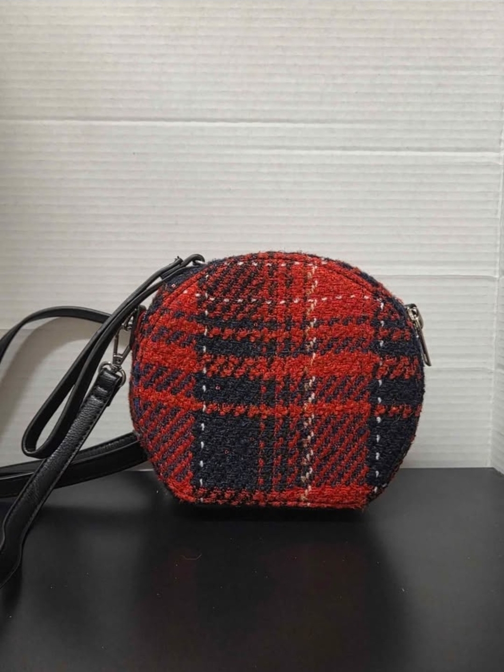 Red & Black Plaid Round Crossbody Bag